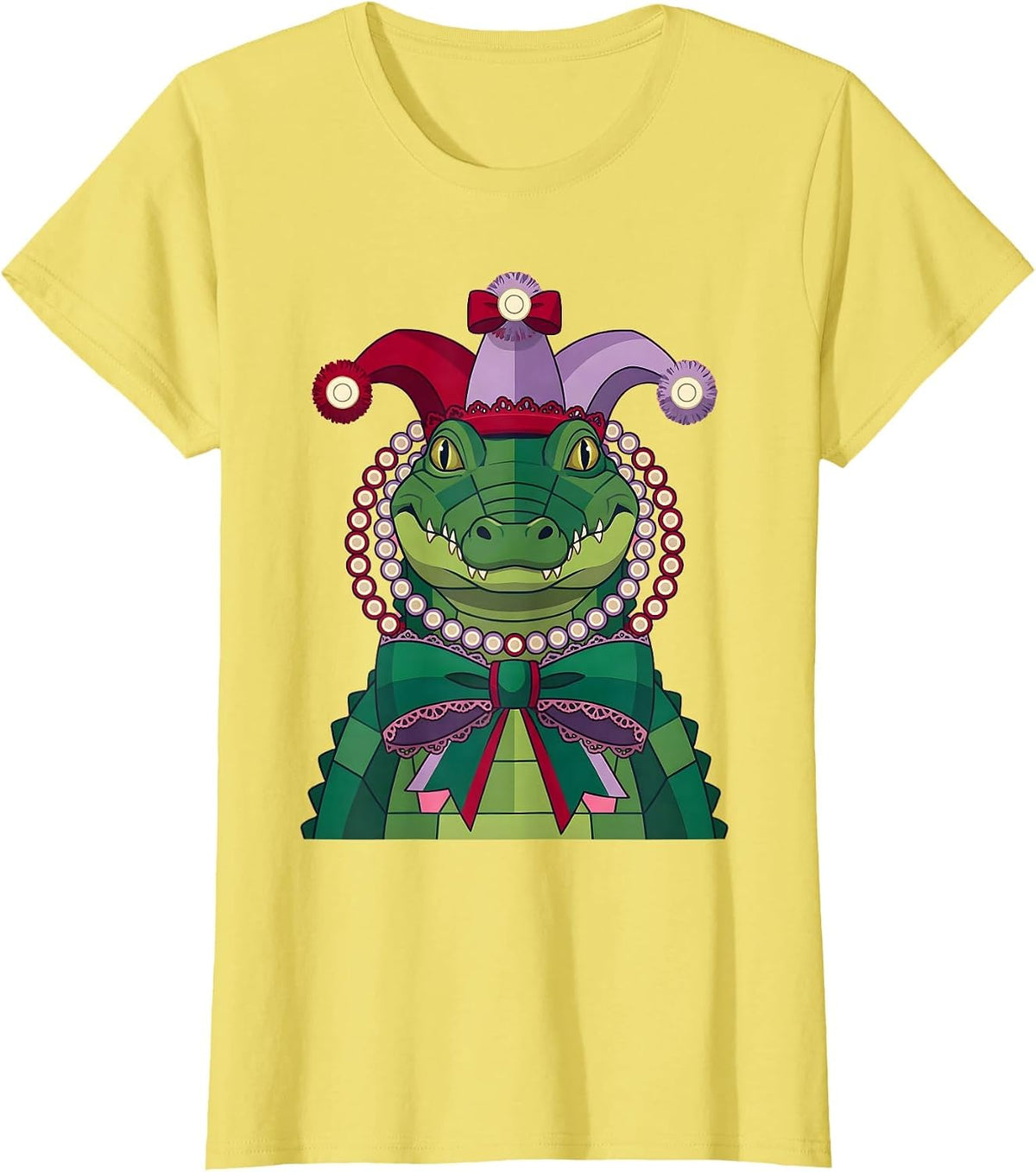 Mardi Gras Alligator Jester Crown and Beads T-Shirt - Lemon Yellow