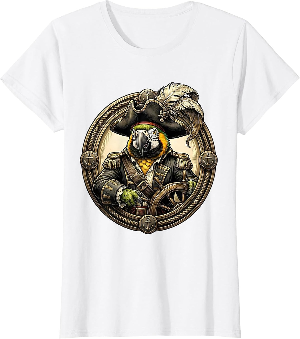 Pirate Captain Parrot Novelty Graphic Design T-Shirt - White