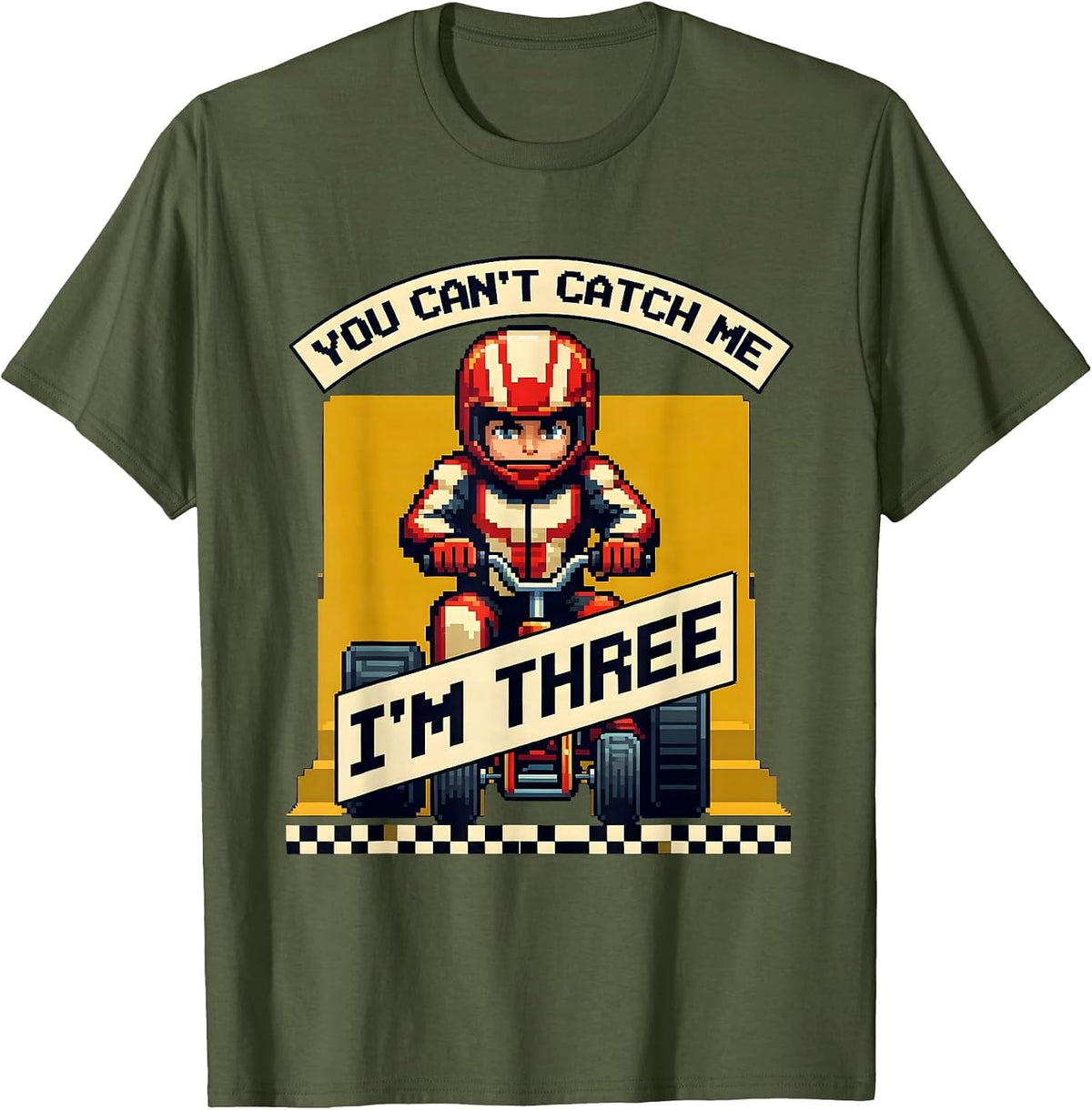 Men's You Can't Catch Me, I'm Three Pixel Art Race Car Birthday T-Shirt - Olive Green