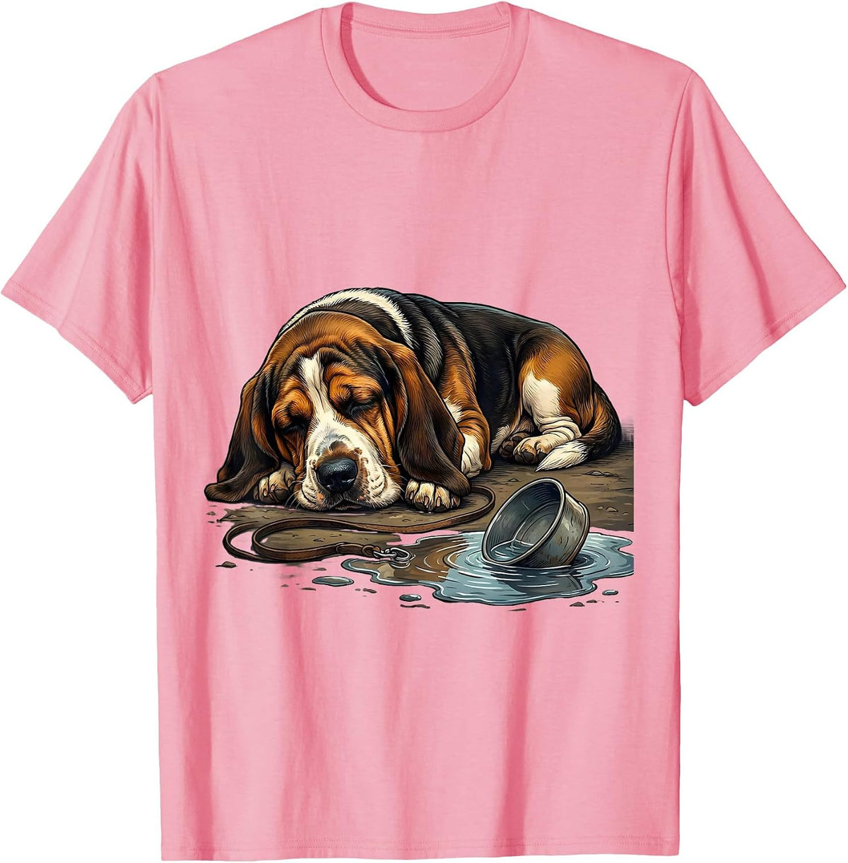 Men's Basset Hound Sleeping Beside Water Bowl Deadpan Humor T-Shirt - Pink
