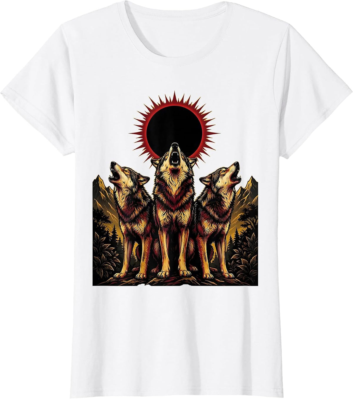 Three Wolves Howling at Eclipse Graphic T-Shirt - White