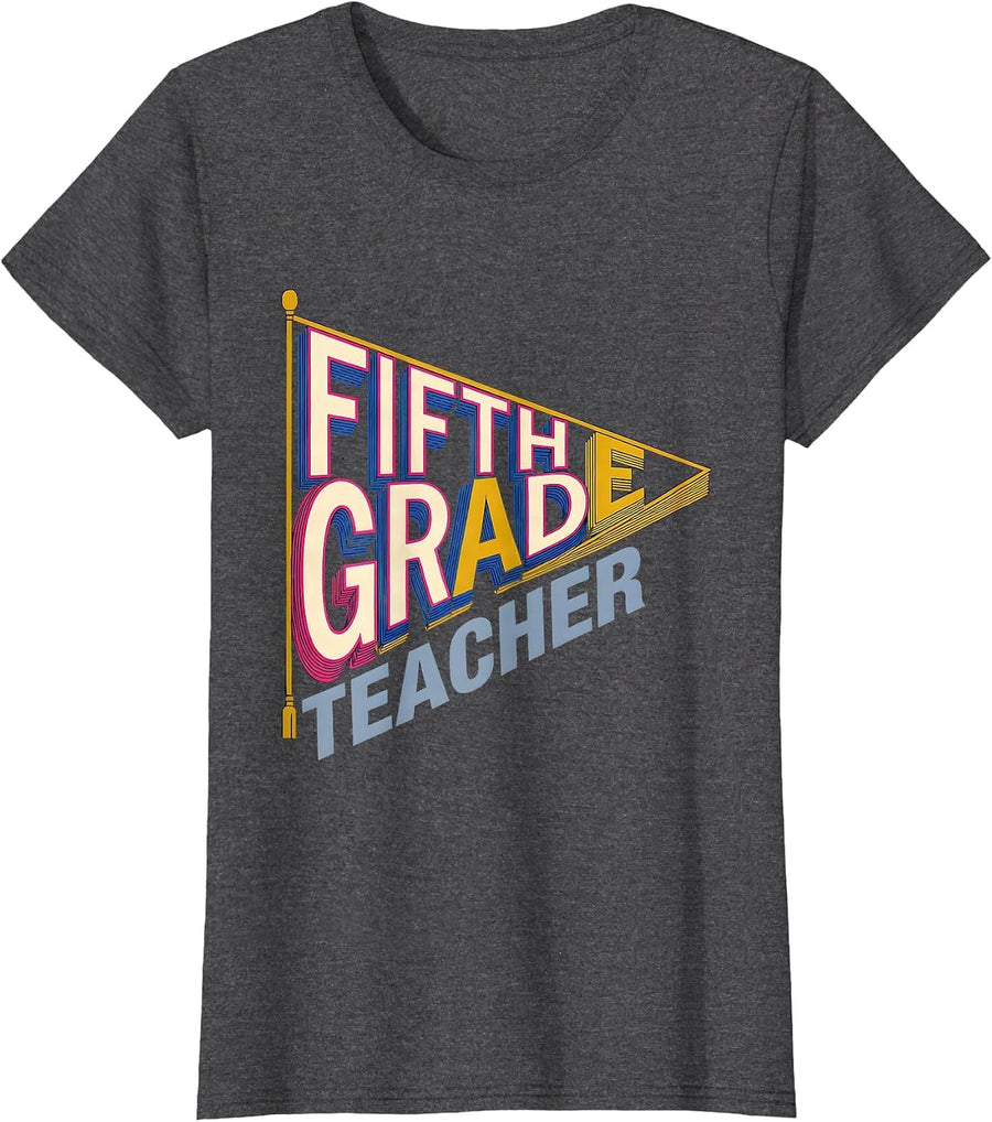 Women's Fifth Grade Teacher Screenprint Pennant Flag Back to School T-Shirt - Dark Heather Grey