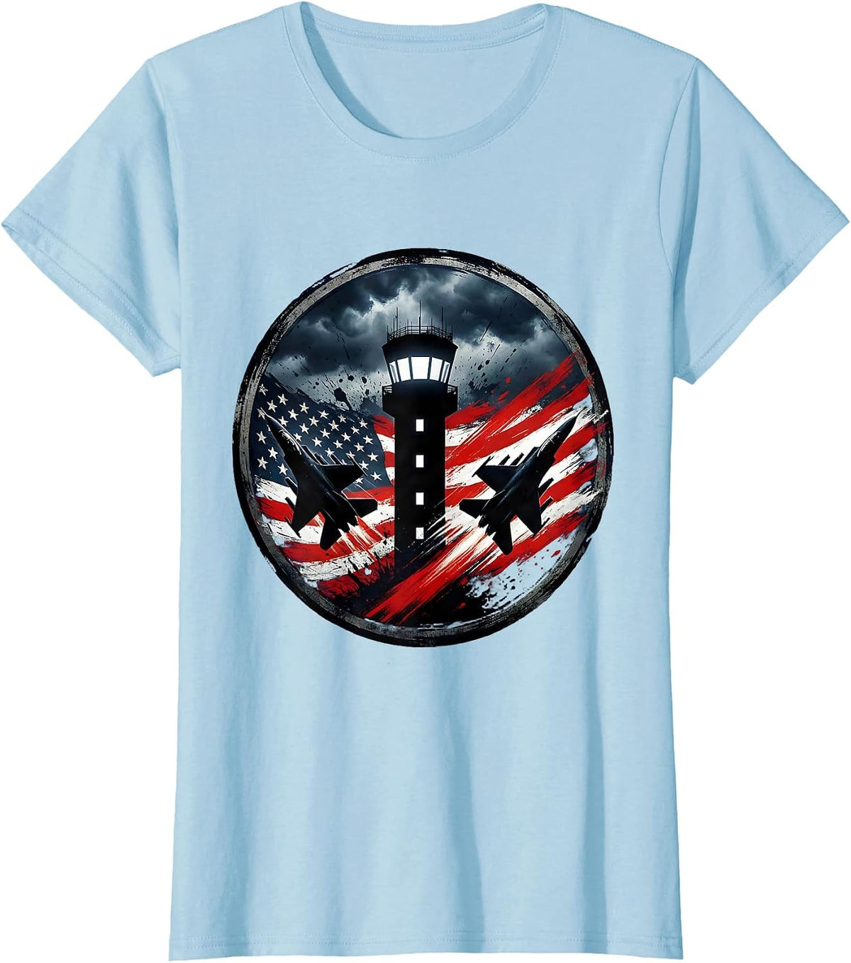 Control Tower Stormy Night Sky Illustration T-Shirt - Baby Blue