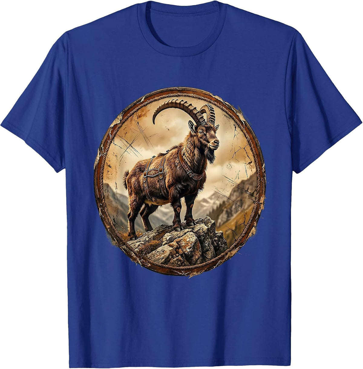 Goat in Lederhosen Rocky Hillside Illustration T-Shirt - Royal Blue
