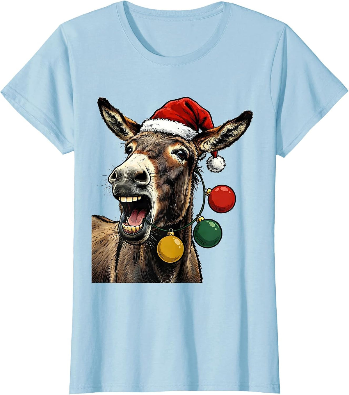 Women's Donkey Santa Hat Whimsical Farm Animal Christmas Novelty T-Shirt - Baby Blue