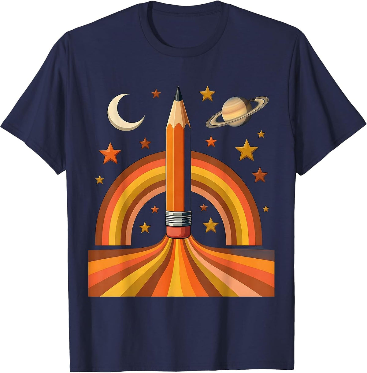Men's 5th Grade Teacher Pencil Rocket Launch Into Space T-Shirt - Navy Blue