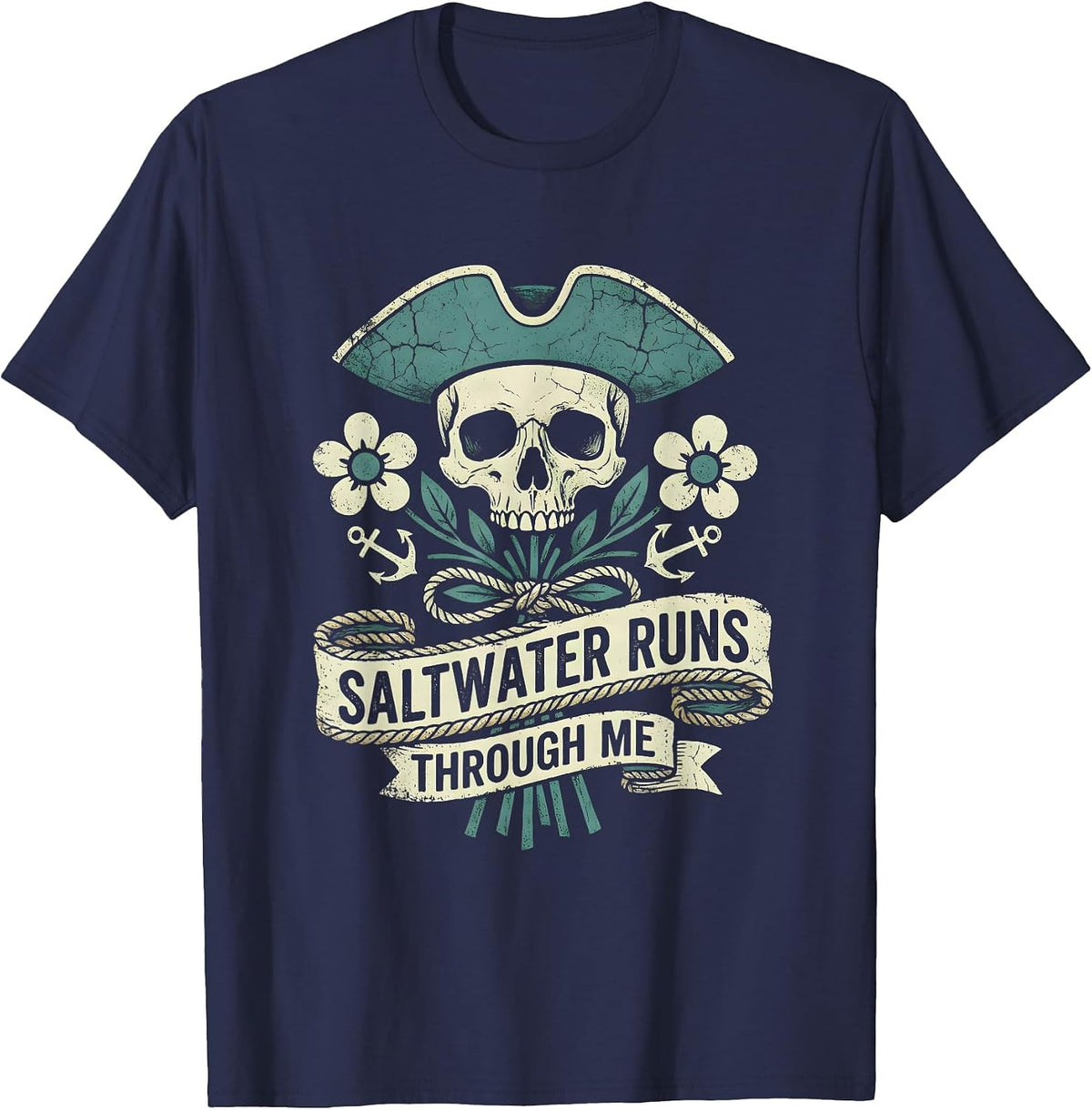Saltwater Runs Through Me Pirate Design T-Shirt - Navy Blue