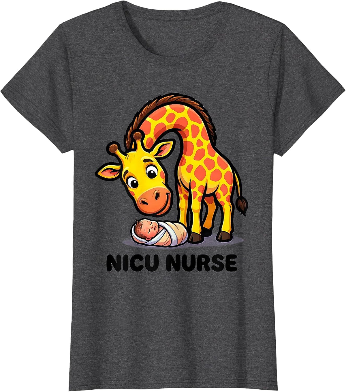 Women's NICU Nurse Cute Giraffe Cartoon Pediatric Nurse Practitioner T-Shirt - Dark Heather Grey
