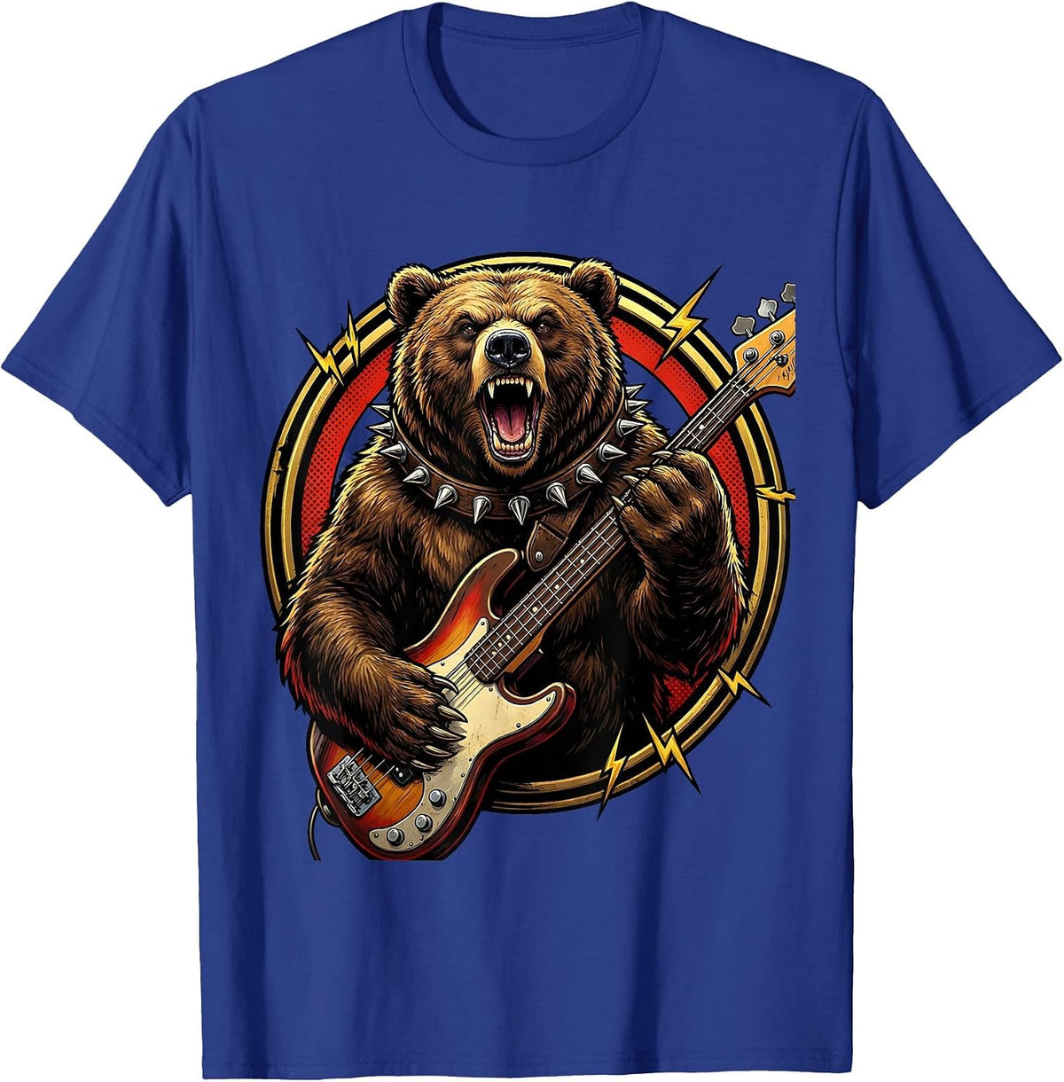 Rock Bear Bass Guitar Spiked Collar Graphic Tee T-Shirt - Royal Blue