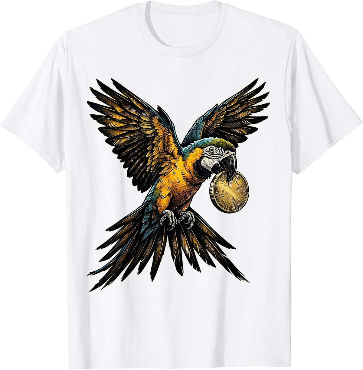 Men's Pirate Parrot Flying with Golden Coin T-Shirt - White