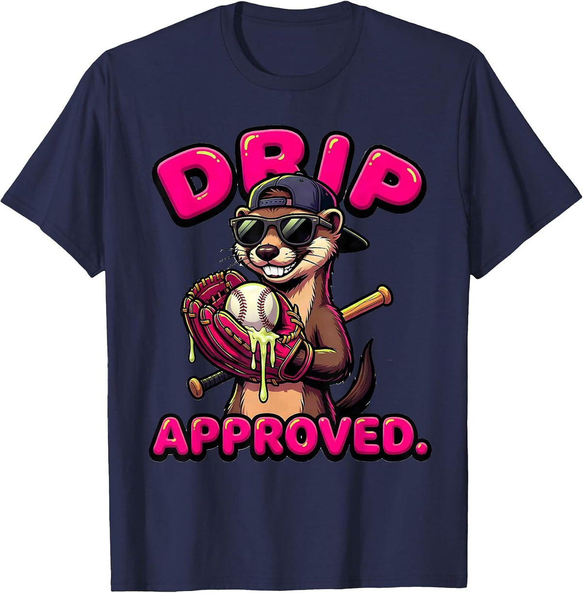 Drip Approved Cartoon Ferret Baseball Ice Cream Humor T-Shirt - Navy Blue