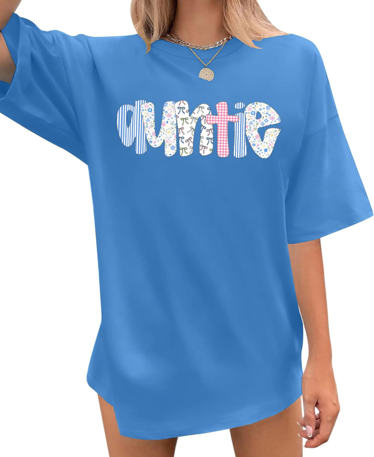 Auntie Shirts for Women: Oversized Aunt T-Shirt Auntie Letter Print Short Sleeve Tops - Blue2