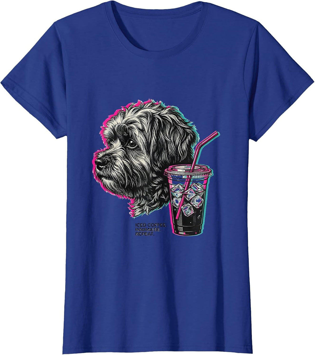 Women's Iced Coffee Havanese Repeat Hipster Dog Breed Humor T-Shirt - Royal Blue