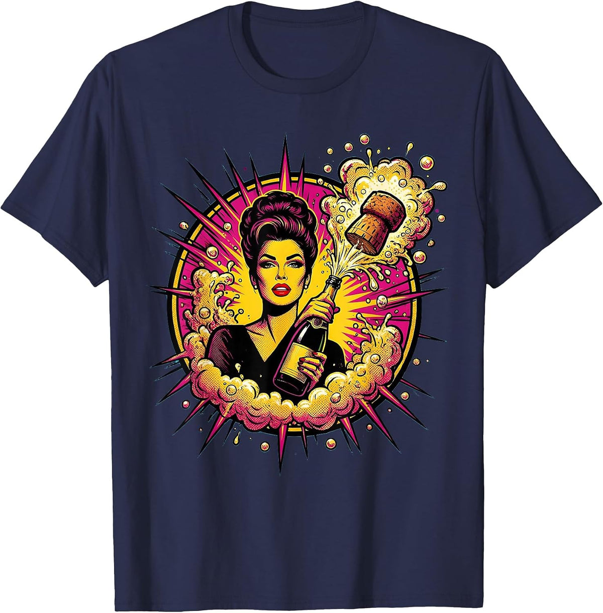 Champagne Pop Celebration Graphic Design T-Shirt - Navy Blue