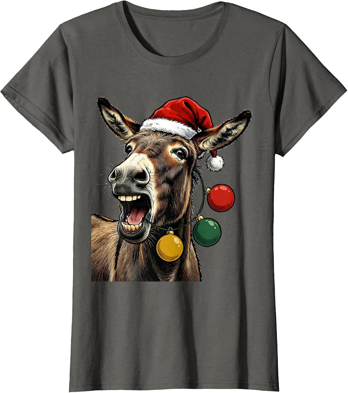 Women's Donkey Santa Hat Whimsical Farm Animal Christmas Novelty T-Shirt - Asphalt Grey