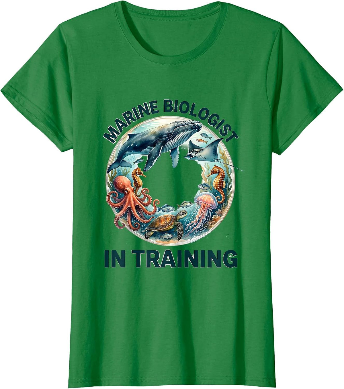 Women's Marine Biologist In Training Watercolor Ocean Animals Whale T-Shirt - Kelly Green