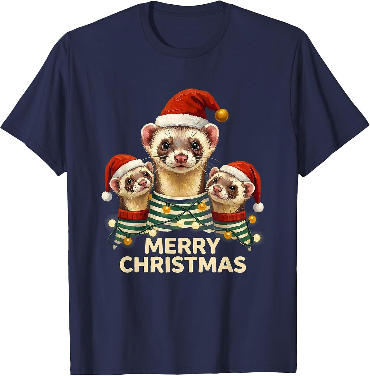 Merry Christmas Ferret Santa Hat Matching Family Pajama T-Shirt - Navy Blue
