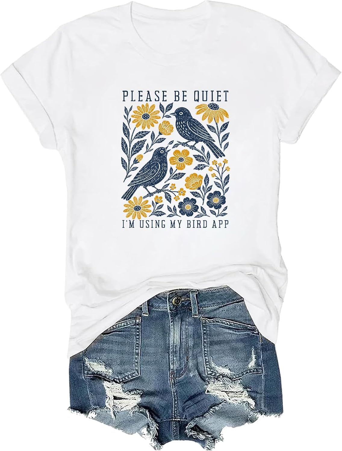 Please Be Quiet I'm Using My Bird App T-Shirt Bird Nerd Shirt Crew V Neck - White