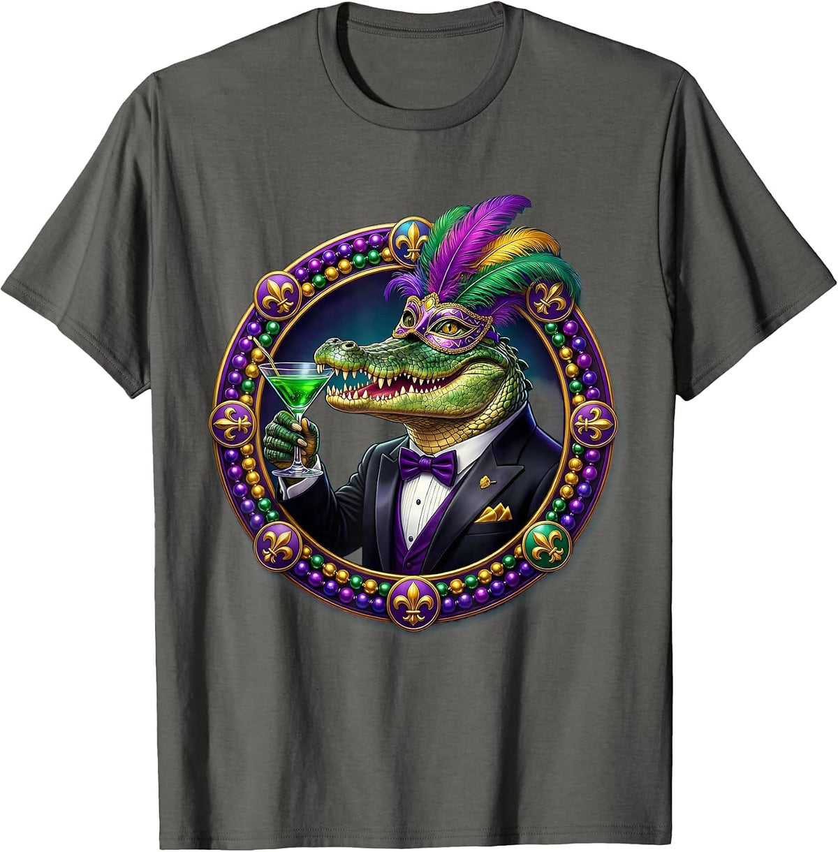 Men's Mardi Gras Alligator in Tuxedo Cocktail Design T-Shirt - Asphalt Grey
