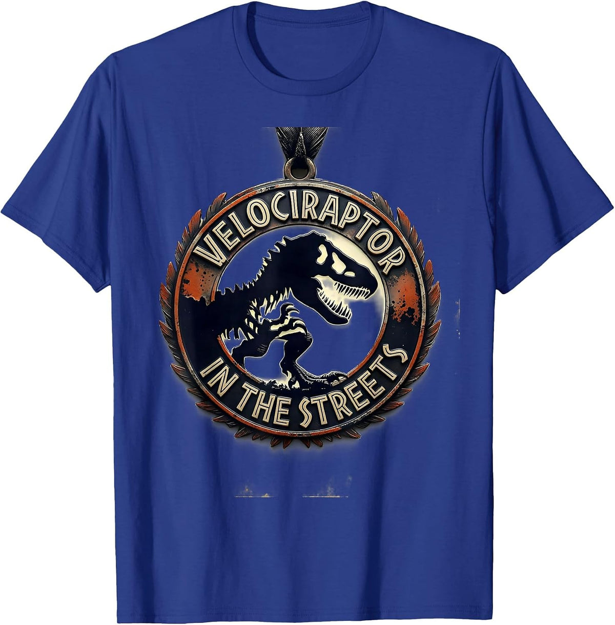Men's Velociraptor In The Streets Dinosaur Design T-Shirt - Royal Blue