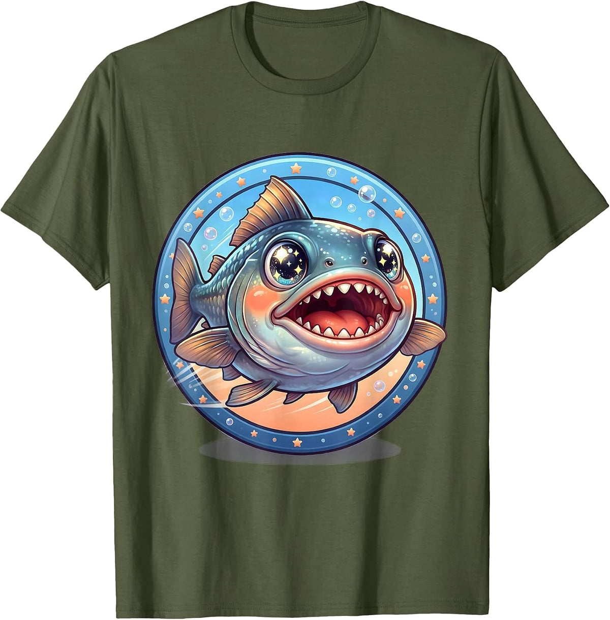 Men's Bite Me Barracuda Charging Teeth Gleaming T-Shirt - Olive Green