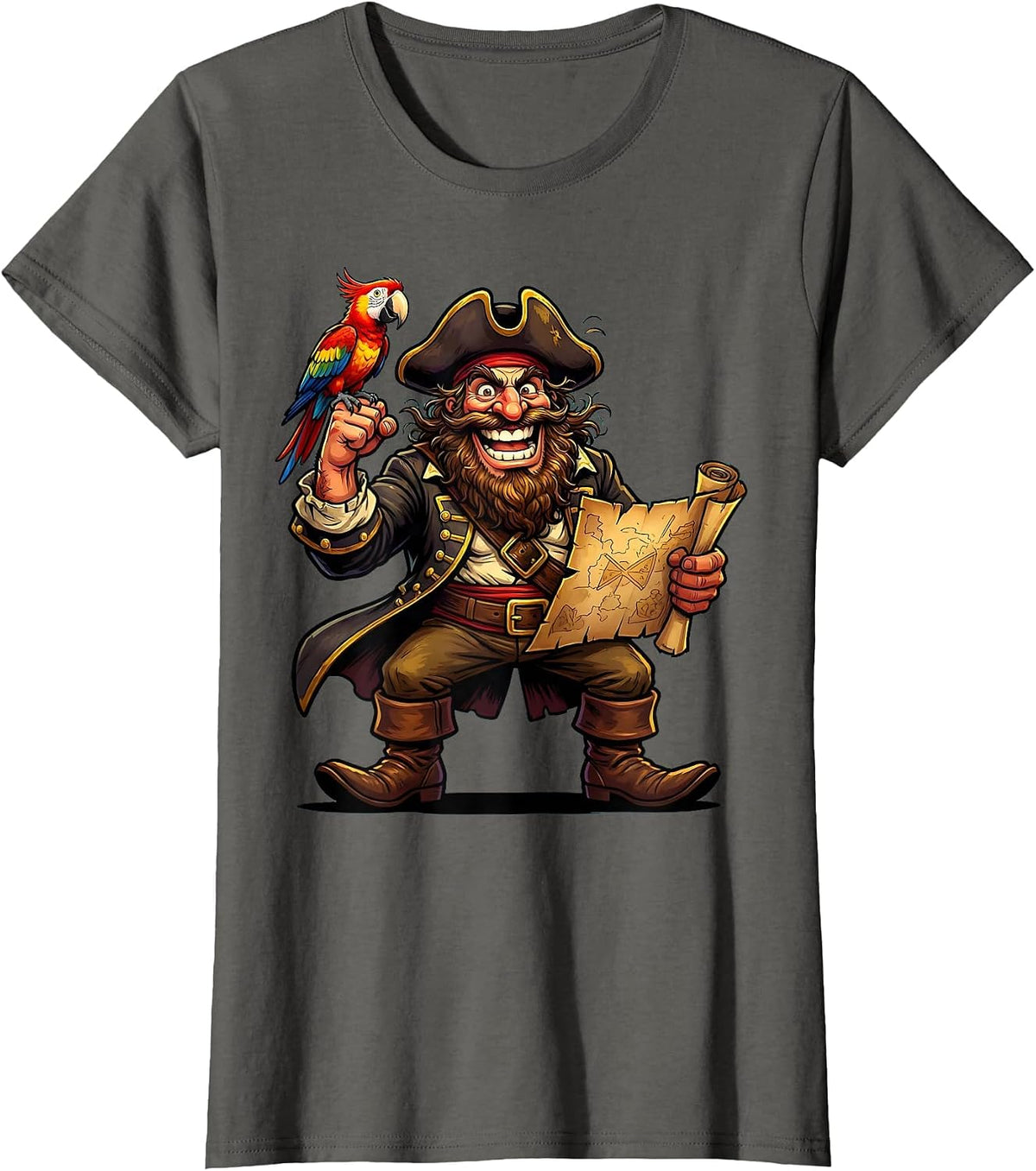 Women's Bearded Pirate Parrot and Treasure Map Graphic T-Shirt - Asphalt Grey