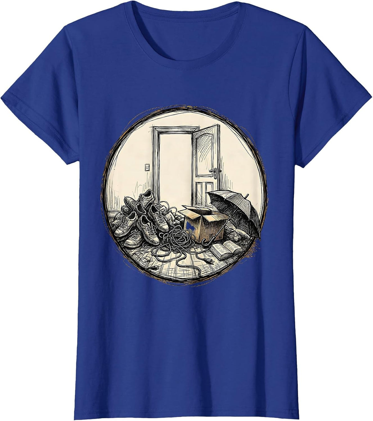 Women's Fall Prevention Cluttered Doorway Illustration T-Shirt - Royal Blue