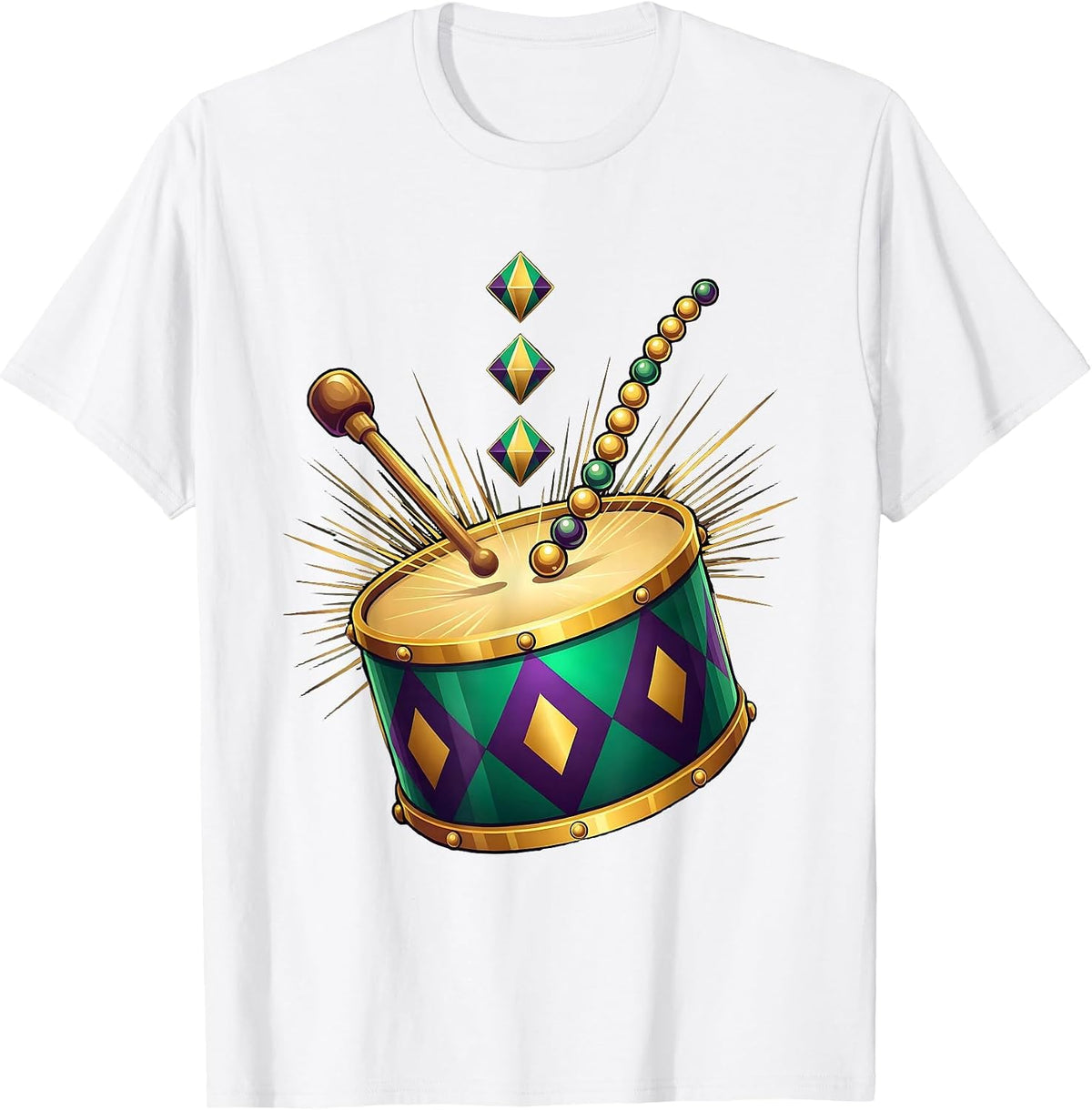 Men's Parade Drum Harlequin Beads Mardi Gras Carnival Party T-Shirt - White
