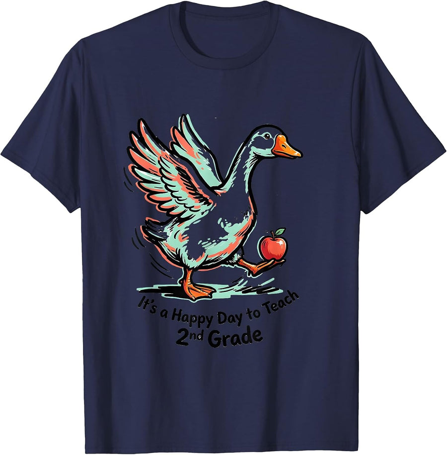 It's a Happy Day to Teach 2nd Grade Cute Goose Teacher Back T-Shirt - Navy Blue