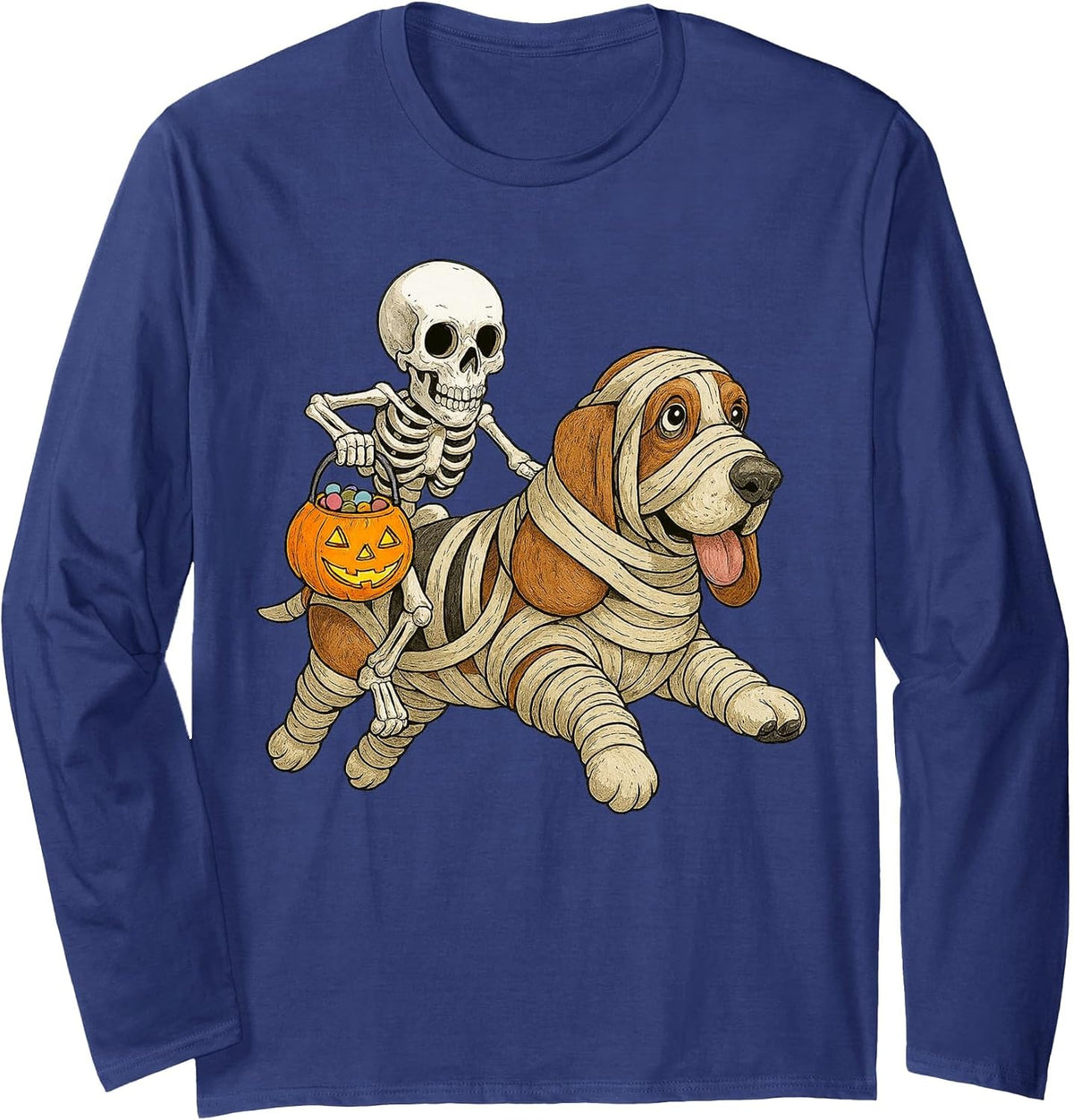 Skeleton Riding Mummy Basset Hound Dog Halloween Funny Long Sleeve T-Shirt - Adult Unisex Navy Blue
