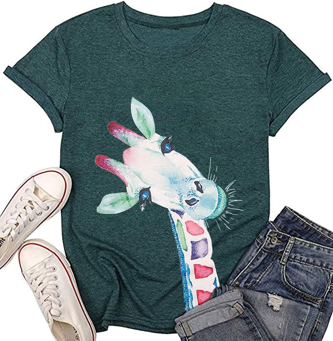 Beopjesk Womens Summer Giraffe Printed T-Shirt Funny Cute Animal Graphic Tees Tops - 2023-green