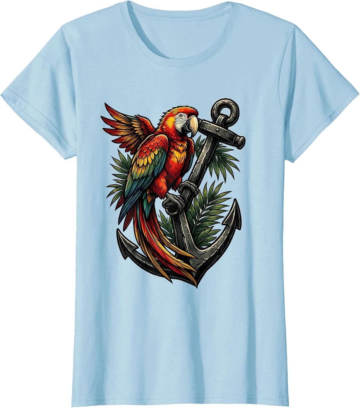 Parrot on Anchor Nautical Bird Graphic T-Shirt - Baby Blue