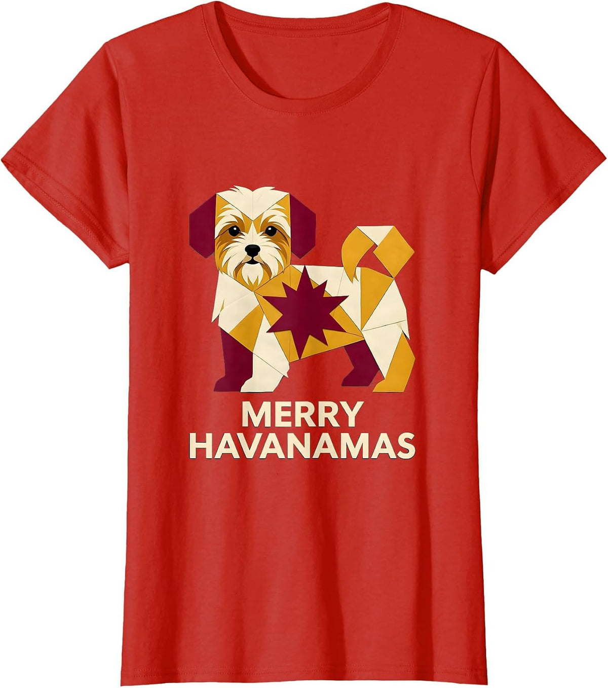 Women's Merry Havanamas Quilt Block Patchwork Havanese Christmas Dog T-Shirt - Red