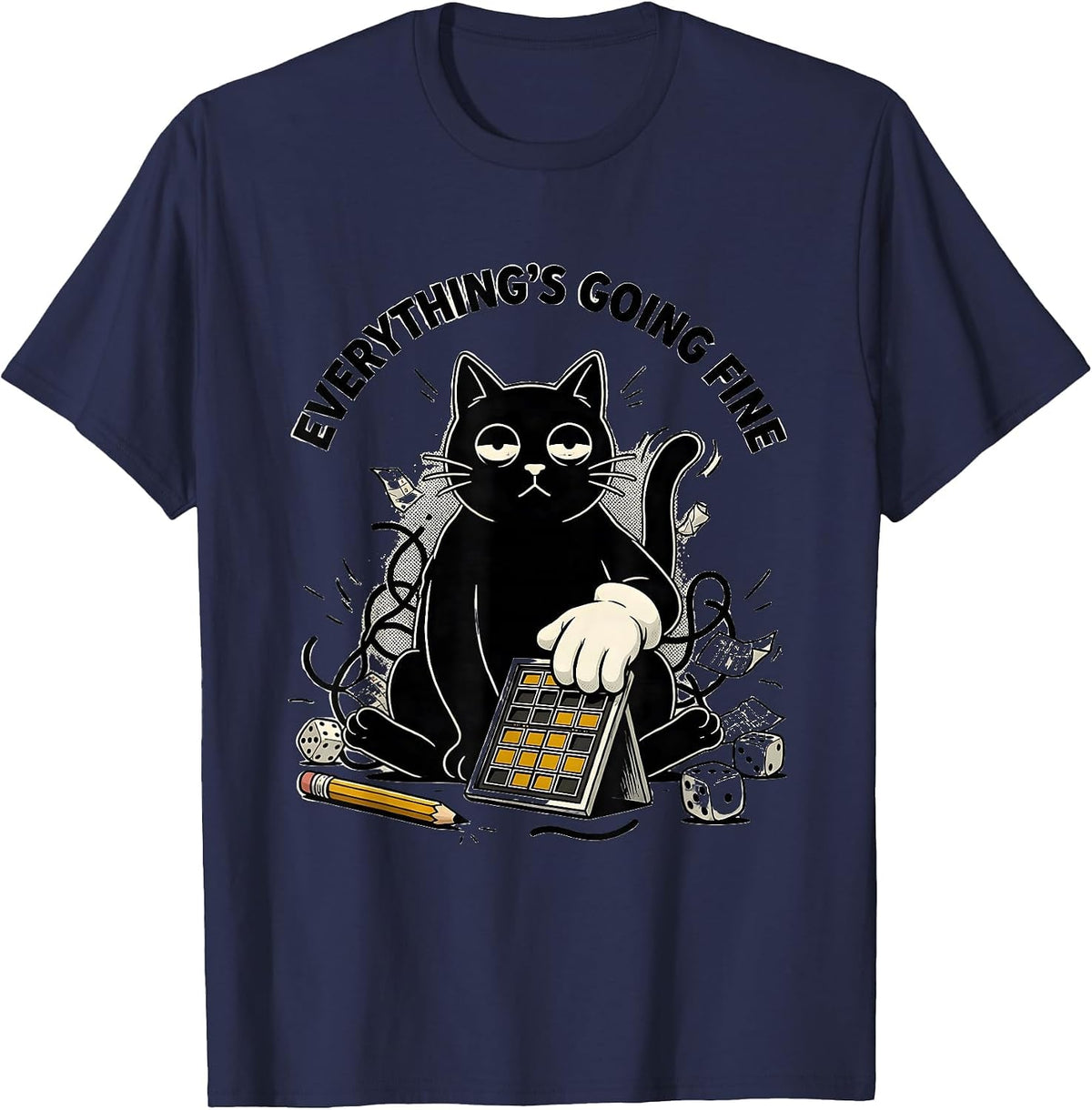 Everything's Going Fine Retro Cartoon Gamer Cat RPG Nerdy T-Shirt - Navy Blue