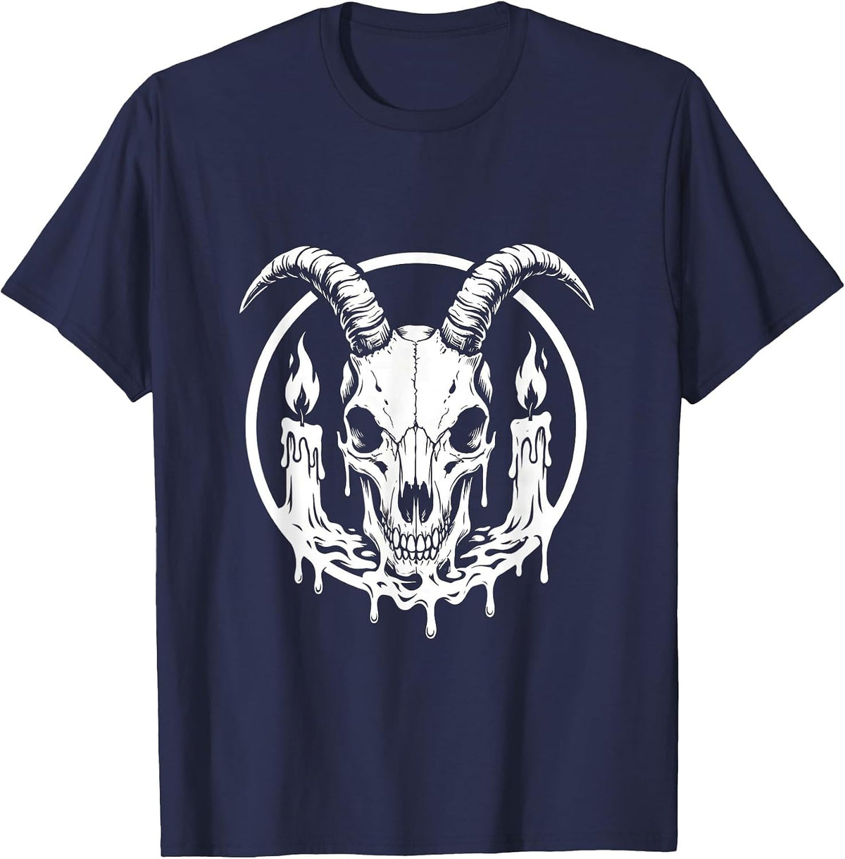 Demon Goat Skull Candle Flames Halloween Design T-Shirt - Navy Blue