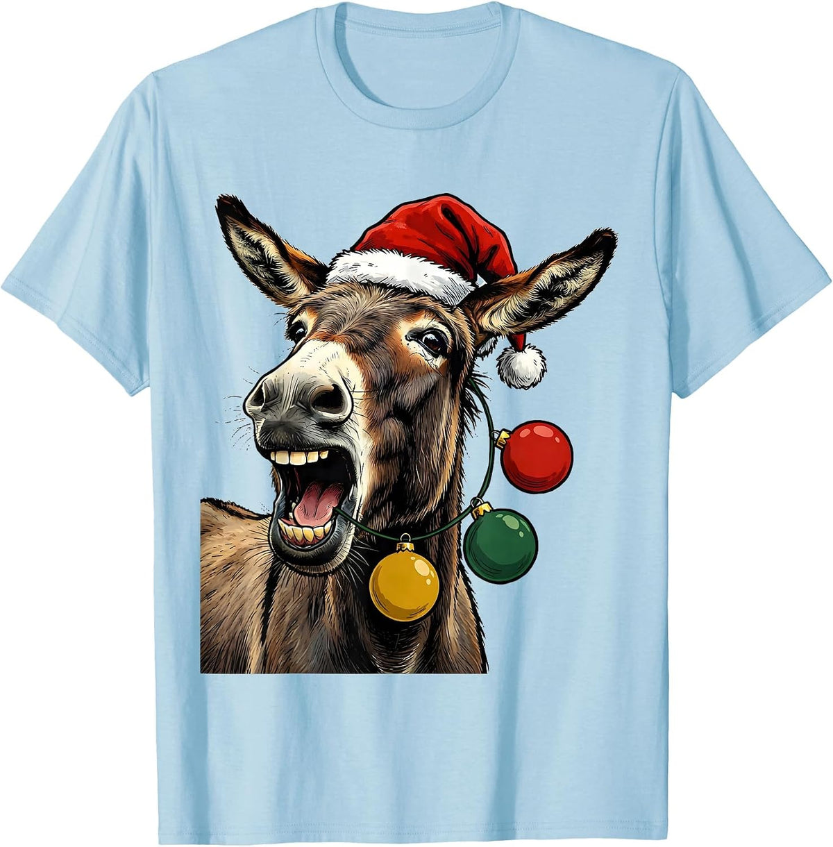 Men's Donkey Santa Hat Whimsical Farm Animal Christmas Novelty T-Shirt - Baby Blue