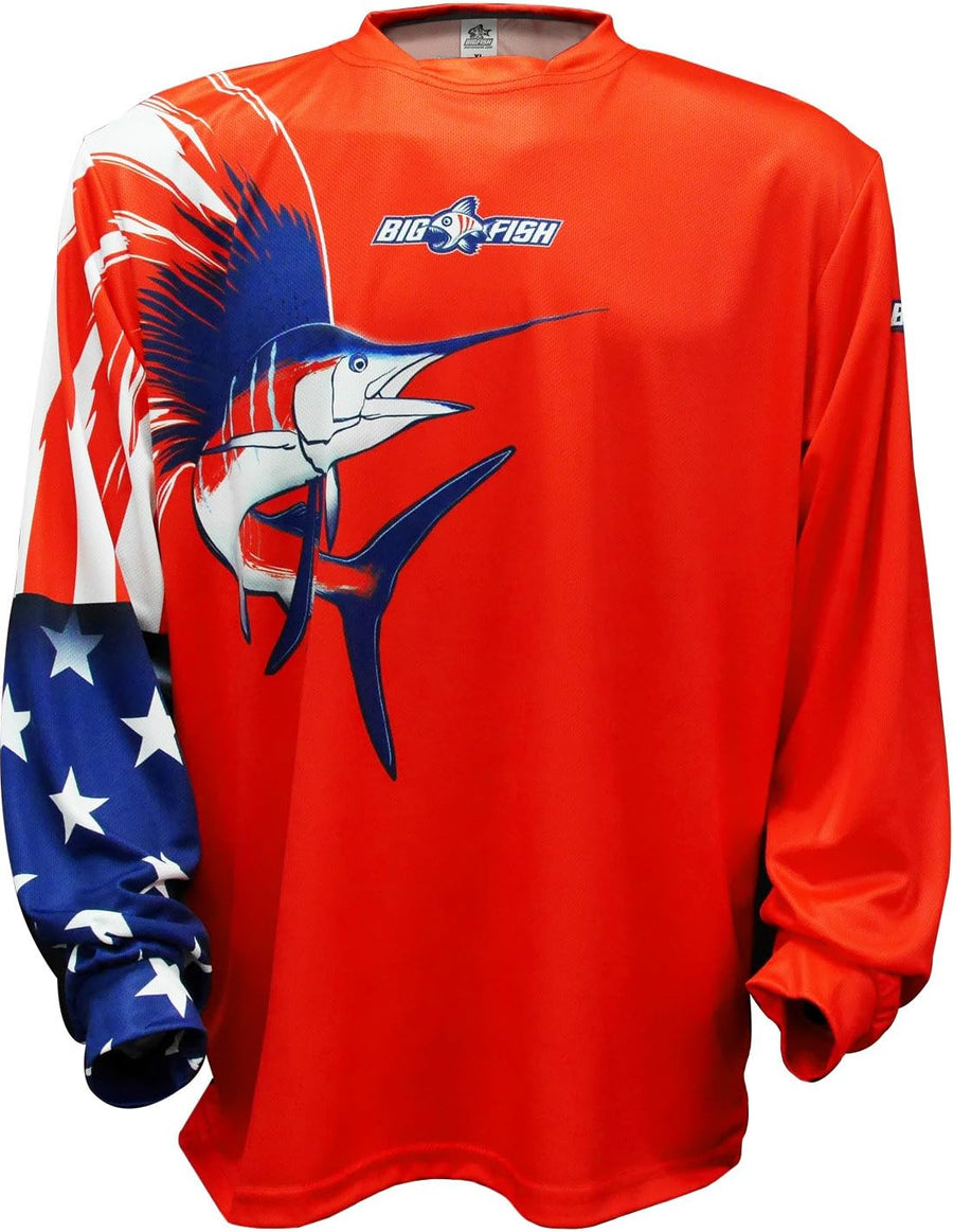 Bigfish American Pride Sailfish Red UPF50 Long Sleeve Performance Fishing Shirt (X-Large) - As Pictured