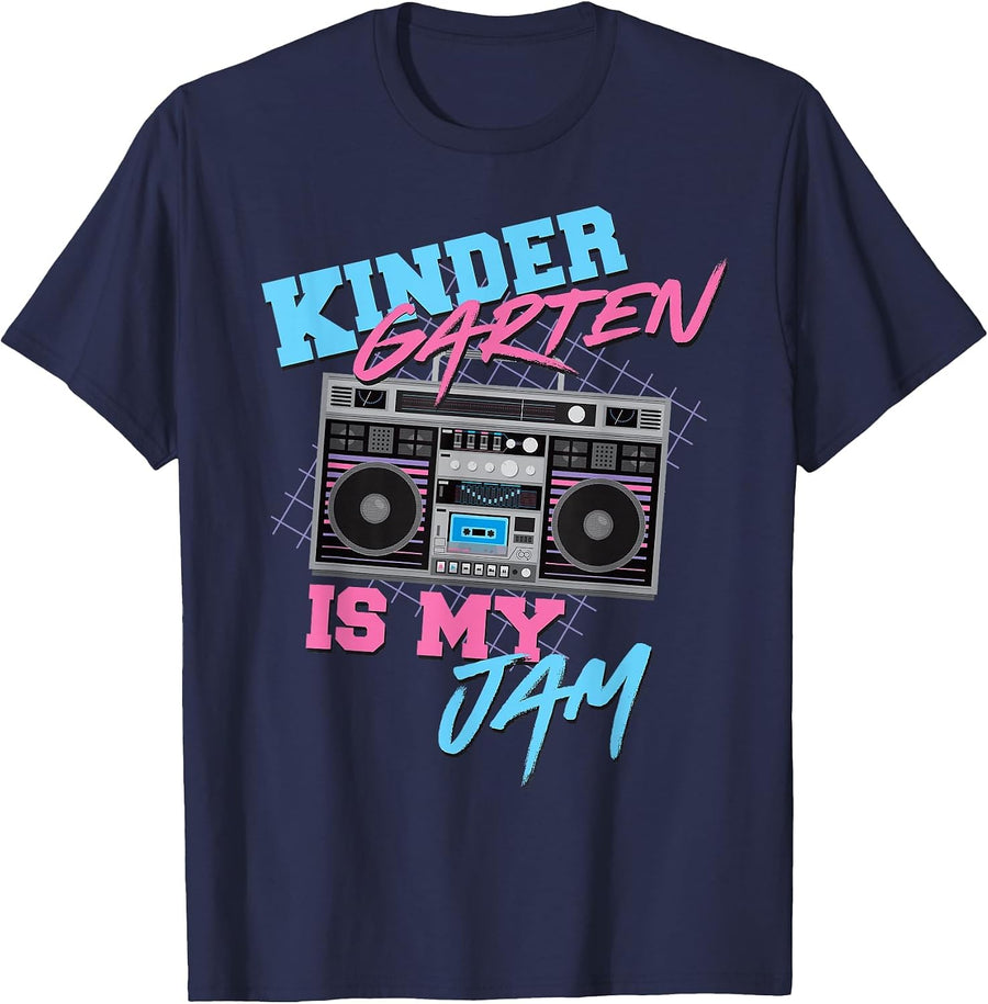 Kindergarten is My Jam - Vintage 80s Boombox Teacher Student T-Shirt - Navy Blue