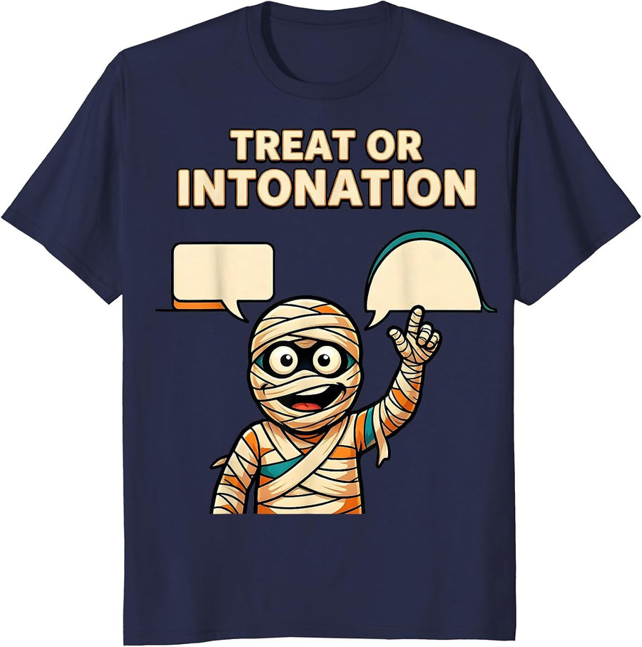 Treat Or Intonation Cartoon Halloween SLP Speech Therapy T-Shirt - Navy Blue