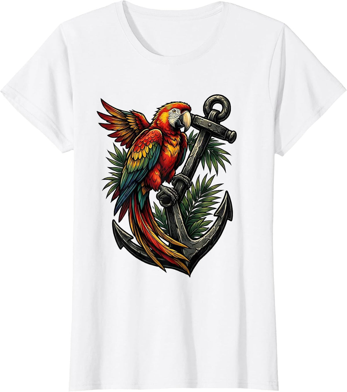 Parrot on Anchor Nautical Bird Graphic T-Shirt - White