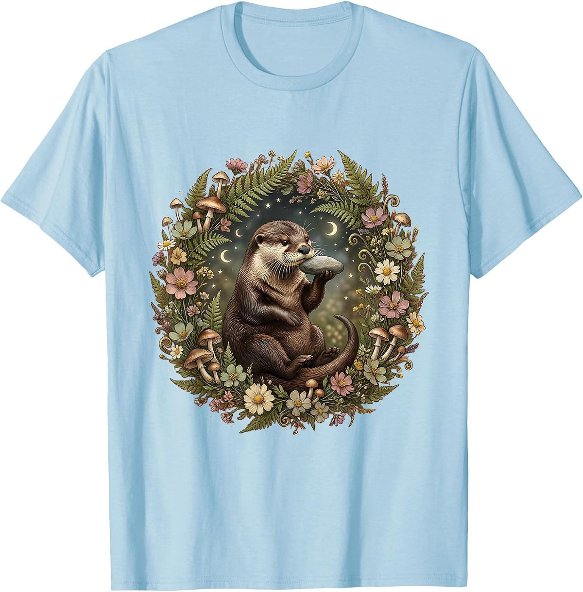 Otter Balancing Rock on Nose Illustration T-Shirt - Baby Blue