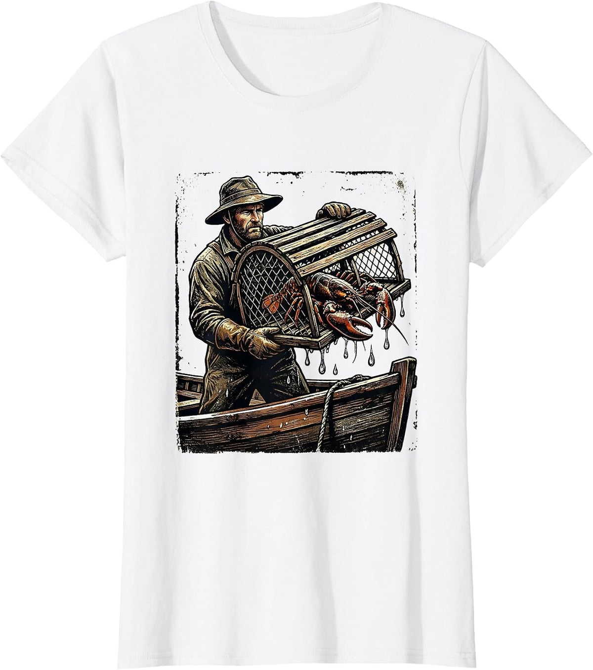 Lobster Trap Haul Fisherman Boat Graphic T-Shirt - White