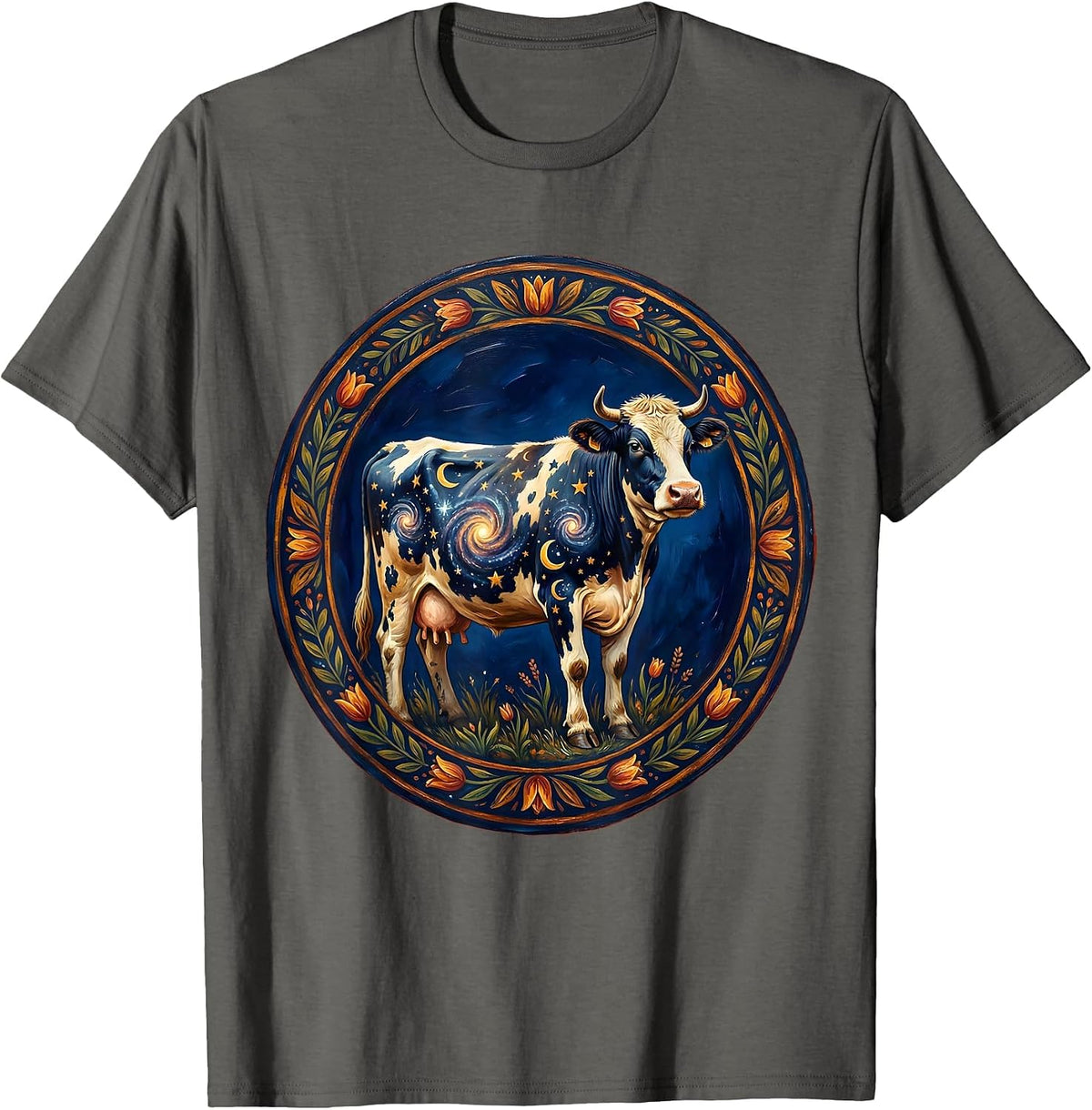Men's Cosmic Cow Galaxy Pattern Illustration T-Shirt - Asphalt Grey
