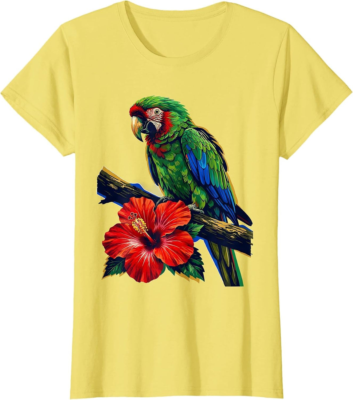 Puerto Rican Parrot and Hibiscus Illustration T-Shirt - Lemon Yellow