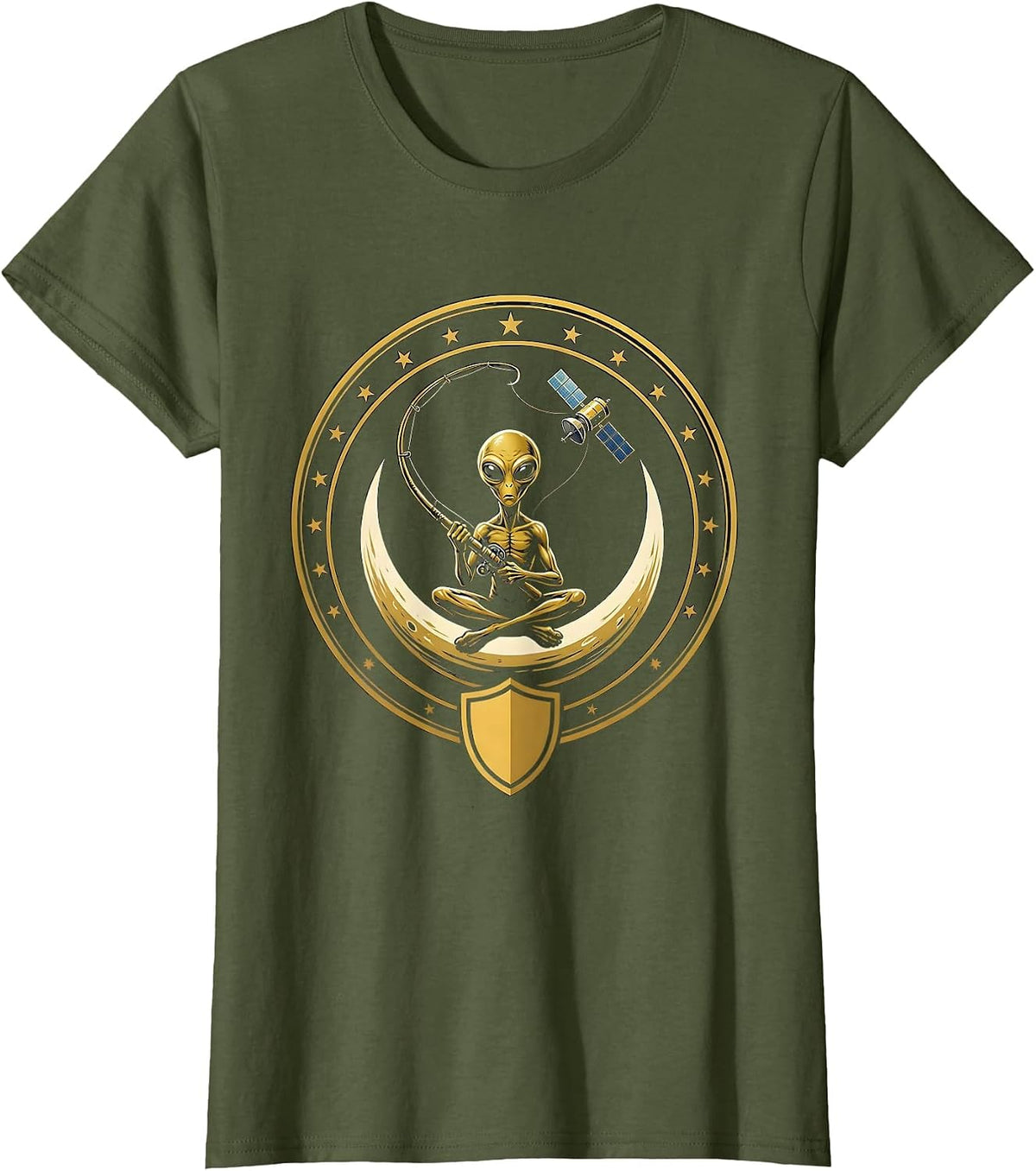 Women's Alien Fisherman Catching Satellite From Orbit T-Shirt - Olive Green