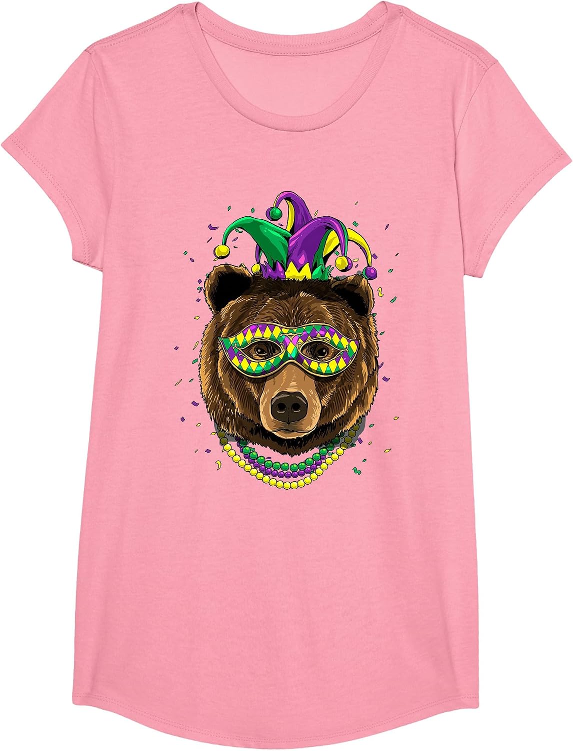 Bear Animal Lover Cute Mardi Gras Carnival Jester T-Shirt, Girls, Pink, Large - As Pictured