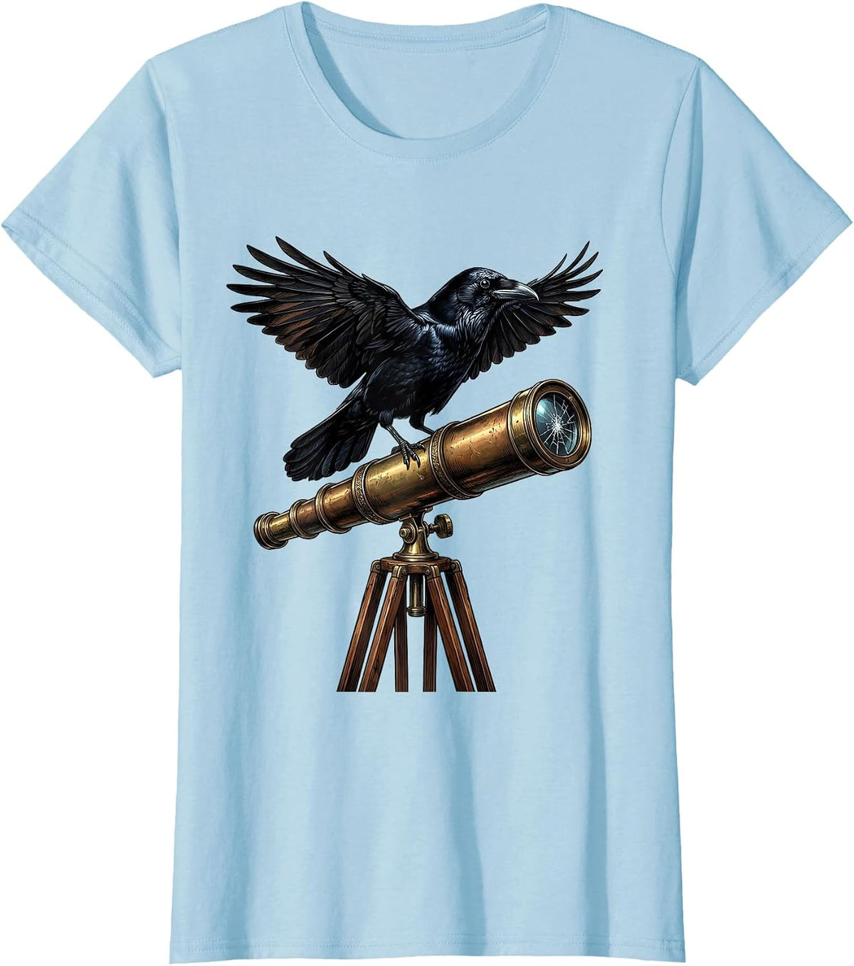 Crow Perched on Old Telescope Illustration T-Shirt - Baby Blue