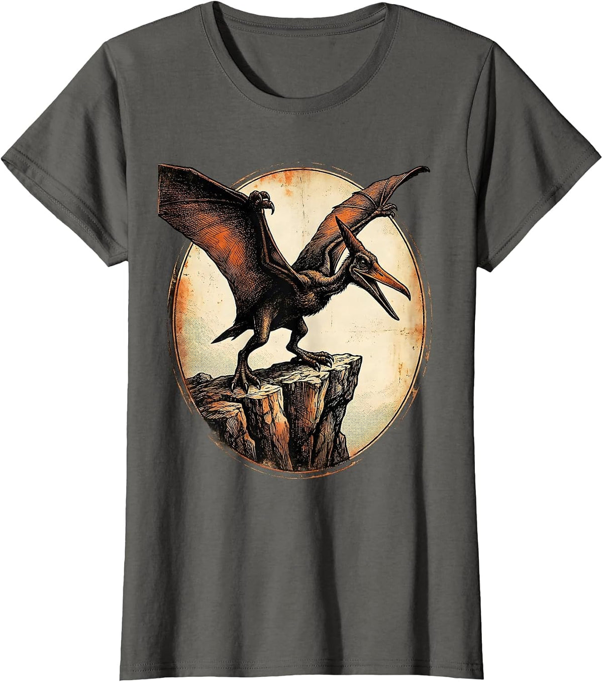 Women's Pterodactyl Cliff Perch Prehistoric Dinosaur Design T-Shirt - Asphalt Grey