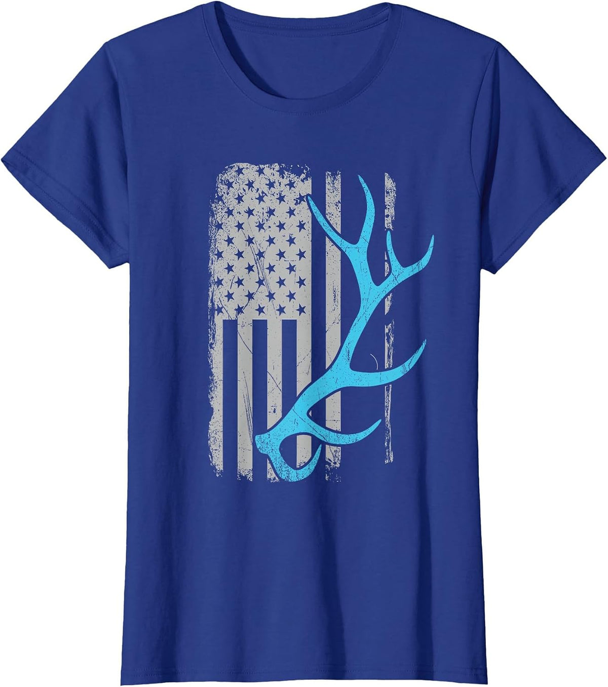 Elk Hunter - Vintage USA Flag Shed Antlers T-Shirt - Royal Blue
