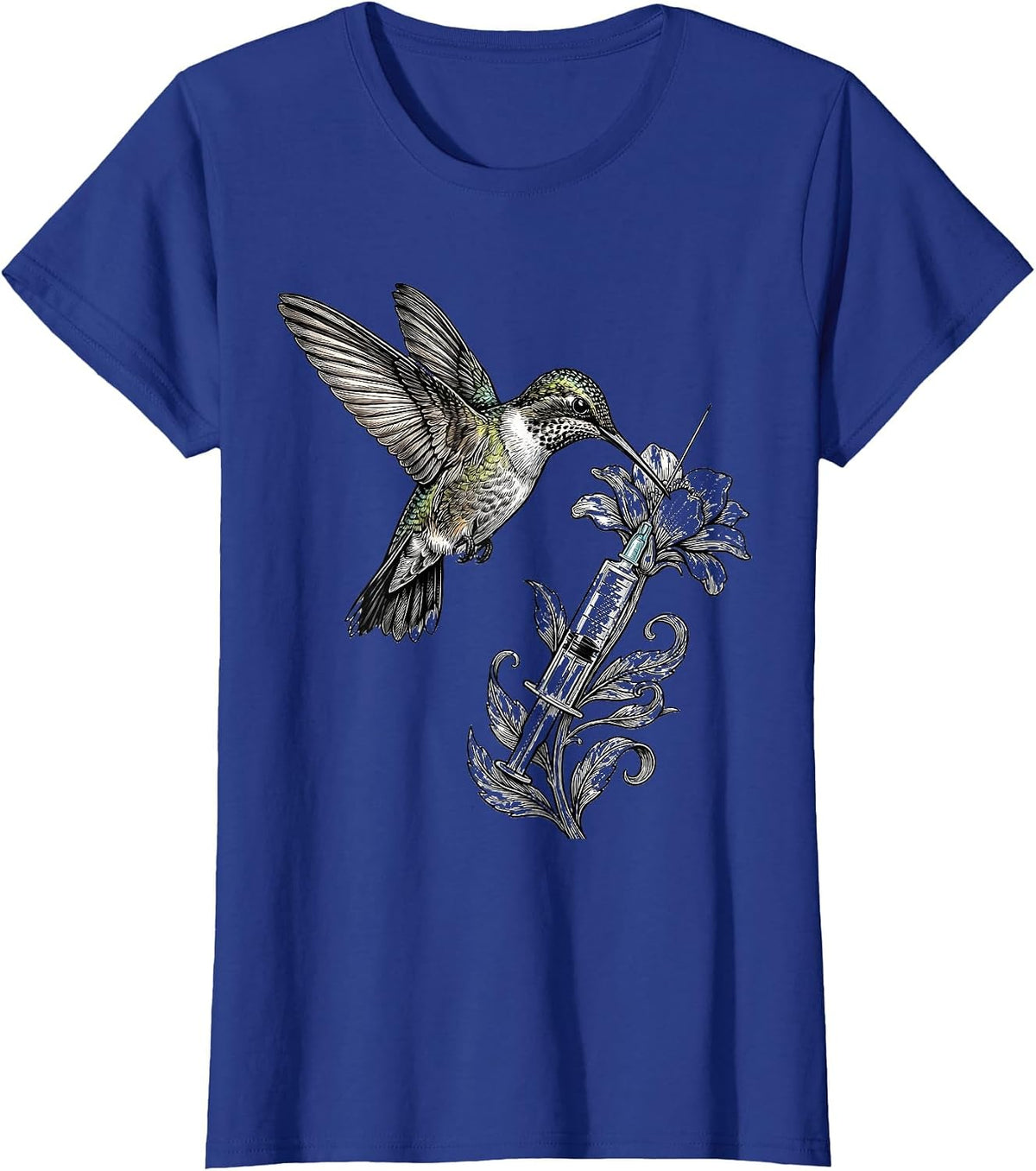 Women's NICU Nurse Hummingbird Syringe Floral Design T-Shirt - Royal Blue